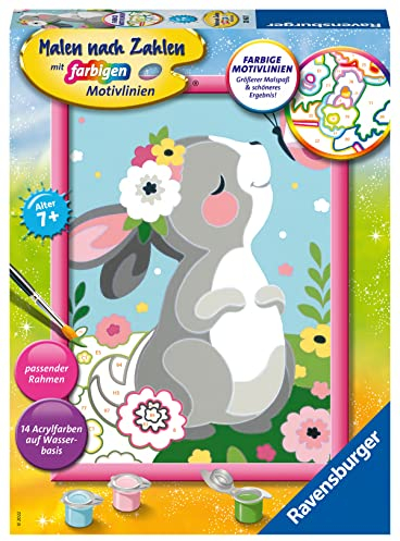 Ravensburger CreArt 20062 - Frühlingsgrüße - Malen nach Zahlen Kaninchen für Kinder ab 7 Jahre, Malset mit Rahmen, Pinsel und Acrylfarben, Geschenk für Mädchen und Jungen