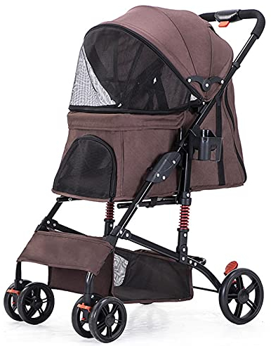 LJFLI Hundebuggy Hundewagen Kleine Hunde Klappbar bis 30 kg Multifunktionaler GeträNkehalter Sicherheitsseil füR Haustiere Geeignet füR Outdoor-Reisen mit Haustieren,Brown