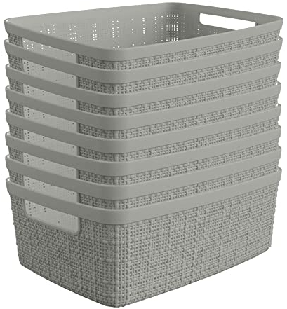 Curver Set of 8 Jute Small Decorative Plastic Organization and Storage Basket Perfect Bins for Home Office, Closet Shelves, Kitchen Pantry and All Bedroom Essentials, Grey, 8