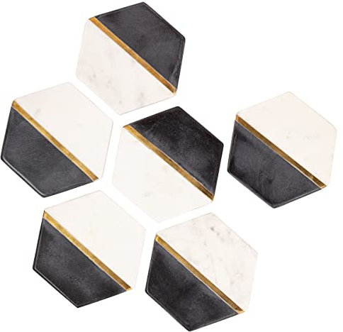 GoCraft Sechseckige Marmor-Untersetzer – Set mit 6 handgefertigten modernen Untersetzern – weißer & schwarzer Marmor mit goldfarbenem Messing-Inlay für Getränke & Wein-/Bargläser