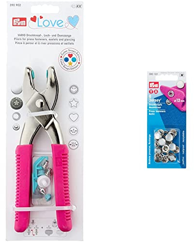 Prym Love Vario-Zange mit Loch-/Color Snaps Werkzeug Pink Pinces, Acier, Rose, 19 cm & 390.122 Boutons Snap, Metal, Perle, 12 mm, perlmuttfarbig, 6 Stück