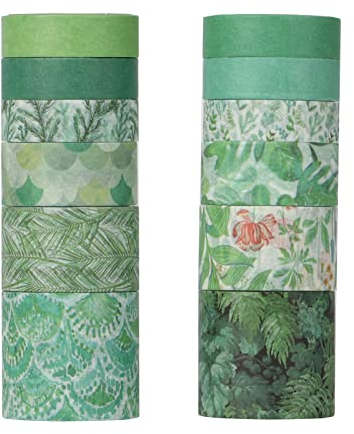 Vintage Washi Tape Set 12 Rollen – 30/20/15/10 mm breit, grünliches Naturthema, antikes japanisches Abdeckband (3 m) Dekorieren Sie Ihr Sammelalbum, Geschenkverpackung, Bullet Journal, Kawaii