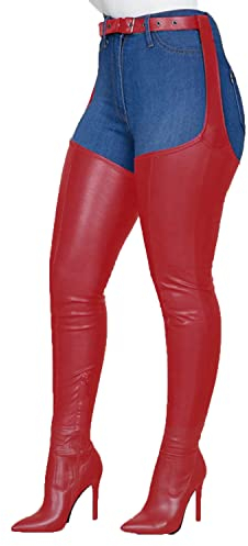 Stivali sopra il ginocchio in pelle PU elasticizzata da donna Stivali alti alla coscia con tacco a spillo Stivali lunghi a punta sexy con cerniera di moda con cintura in vita regolabile,Rosso,43