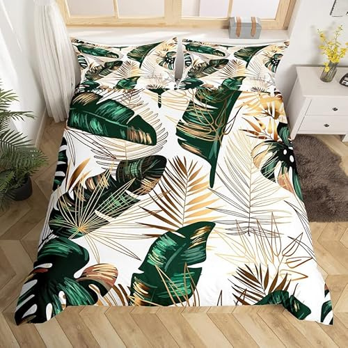 Homemissing Tropical Leaves Bedding Set Golden Green Leaf Branches Duvet Cover for Kids Botanical Leaf Pattern Comforter Cover Summer Bedspread Cover Quilt Cover 3Pcs Super King