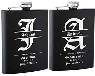 Flasques a Alcool Personnalisées 227ml 304 en Acier Inoxydable, Lot de 2 Flasques Gravées Personnalisées pour Garçons D'Honneuret Témoin D'Honneur, Cadeau de demande en Mariage (Noir)