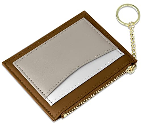 URAQT Kreditkartenetui, minimalistisches Leder, schmal, Münzgeldbörse, Reißverschluss, Münzbörse, Mini-Kreditkartenschutz, Schlüsselanhänger, Vordertasche, Brieftaschen für Damen und Herren, braune