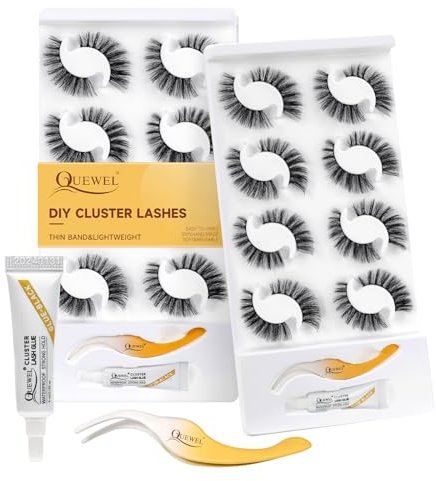 Cluster Eyelash Extensions Kit QUEWEL Individual Eyelashes 8 Pairs Lash Clusters Natural Look, DIY Eyelashes Extension Kit with Applicator and Glue, Cluster Lashes Kit for Personal Use at Home(QU35-C)