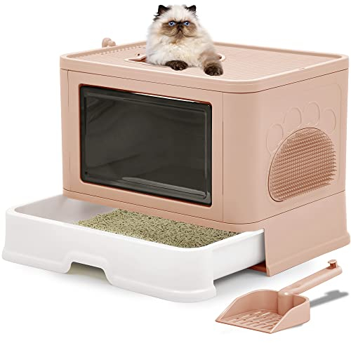 YITAHOME Litter Box with Lid, Large Enclosed Cat Litter Tray with Hood, Hooded Odorless Cat Toilet with Drawer Pan Litter Scoop Self Groomer Deodorizer Filter, Front Entry Top Exit (Pink)