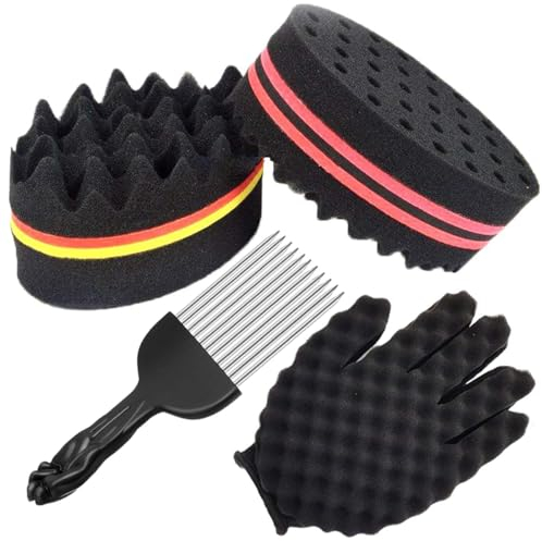 ARJDXDP 4 Stück Twist Sponge Afro Kamm Magic Curl Sponge HaarbüRste Schwamm Löcher Haarschwamm Locken Afro Doppelseitiges Magic Curl Schwamm und Lockenwickler Handschuhe Twist Barber Werkzeug