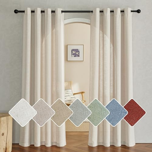 PONY DANCE Wohnzimmer Gardinen Boho Leinenvorhang 2er Set H 200 x B 140 cm Gardinen Leinenoptik Natur Halbtransparente Vorhänge mit Ösen Semi-Sheer Linen Curtains for Living Room