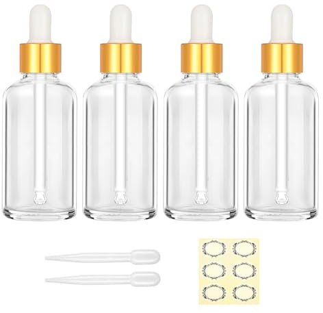 Apstaqeoo 4PCS 50ML Clear Glass Dropper Bottles - Refillable Sample Bottle with Dropper Pipette, Gold Cap for Essential Oil Aromatherapy Perfume Laboratory