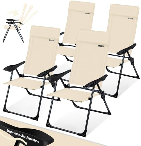 KESSER® 4er Set Gartenstuhl Hochlehner Alu Klappstuhl 7-Fach Verstellbar mit Armlehnen Atmungsaktiv klappbar Campingstuhl Balkonstuhl Klappsessel Garten Terrasse, Beige