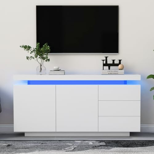 KOMHTOM Meuble télé LED Blanc Commode Blanche Chambre avec 2 Portes et 3 tiroirs, Buffet Meuble de Rangement pour Cuisine Chambre à Coucher et Salon (B)