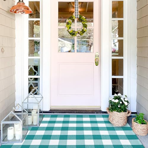 Buffalo Plaid Outdoor-Teppich, 90 x 150 cm, grün und weiß kariert, für Innen- und Außenbereich, waschbar, Baumwolle, gewebt, Bauernhaus-Matte für Frühling, Ostern, Veranda, Dekoration