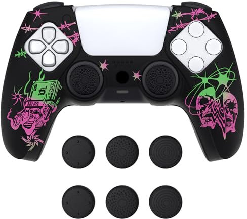 PlayVital Dockable Model Anti-Slip Silicone Cover Skin for ps5 Controller, Soft Rubber Grip Case for ps5 Controller Fits with Charging Station with Thumb Grip Caps - Sin Source Pink & Green