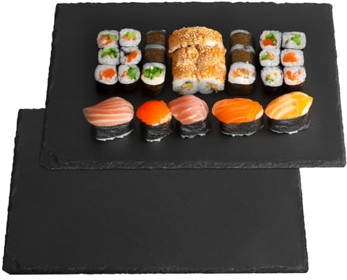 DBREAKS Lot de 2 Plateau Ardoise, 30x20 cm Assiette en Ardoise Naturel, Plateau de Service Rectangulaire, Planche Ardoise pour Fromage, Assiette Rectangulaire pour Sushi, pour Servir et Écrire