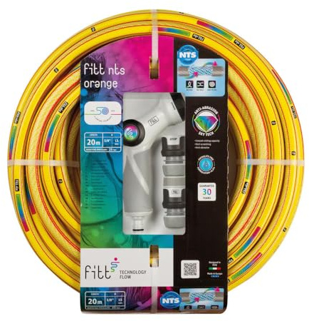 FITT NTS ORANGE 5/8 (15 mm) 15 m Kit - Robuster und Flexibler Gartenschlauch in leuchtendem Gelb für eine Intensive Nutzung, mit Multijet-Gießpistole und Kupplungen