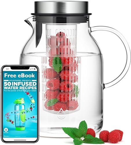 Infusion Pro Fruit Infuser Water and Iced Tea Pitcher, Glass, 2 qt, Heat Resistant for Hot/Cold Use, Great for Sun Tea | Tranquil Collection
