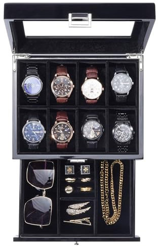 ProCase Uhrenbox mit 8 Fächern, Uhrenkasten Uhrenkoffer mit Glasdeckel Uhrenkissen, Uhrenschatulle für Schmuck Ringe Armbänder Halsketten - 8 Slot, Schwarz