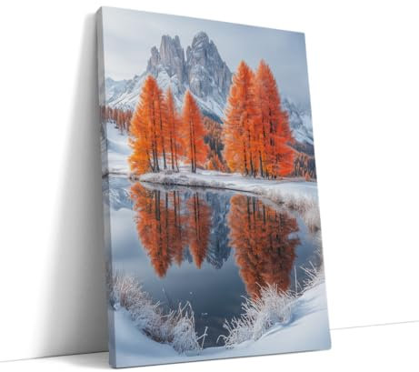 AKINDA Art Gallery - Quadro con Cornice 90 x 120 cm - Lago Ghiacciato d'Inverno - Contrasto Rosso e Bianco - Alberi Rossi - Quadro Camera da Letto - Fotografia Montagna - Idea Regalo per Arredo Casa