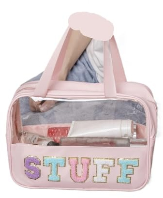 BJYCCAR Makeup Tasche Klein Preppy Clear TRAVEL Makeup Bags with Chenille Letter Stuff Patches Large Clear Make Up Bag Zipper Pouch with Handle Kosmetische Aufbewahrungstasche(Stuff)