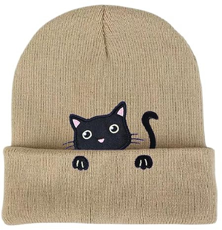 Cokbyavla Mütze Binden mit Katzen-Stickerei Fleece Mütze Herren (Beige, 21 * 19 * 2)