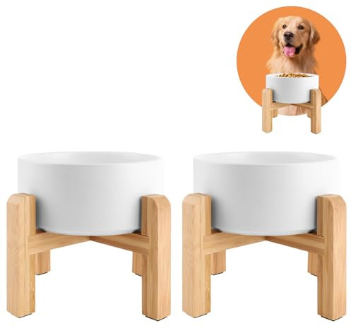 Oungy Set di 2 ciotole per cani in ceramica, rialzate, con supporto in bambù, per cani e gatti (850 ml, bianco)