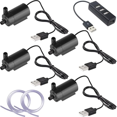JYUDAUFU 4 Pcs DC 3-5V Mini Water Pump Micro Amphibious Submersible Motor with USB Port with Flexible Water Pipe(1M), for Aquariums/Fish Tank/Pond Fountain/Hydroponics Garden (4 Black)