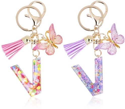 Mulaibdin 2 Pièces Porte Clef Personnalisable, Porte Clef Femme Original Chic, Porte Clef Lettre Simple, Idee Cadeau pour Femme Maman, Papillon Porte Clés Initial pour Voiture,Moto,Sac (V)