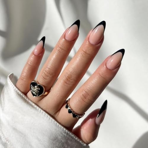 KQueenest 30 Pcs Black French Tip False Nails Short Medium Almond, French Tip False Nails Short Stiletto, Custom Thick Acrylic Fake Nails Set Natural Nude Gel Stick on Nail for Women Daily Wear