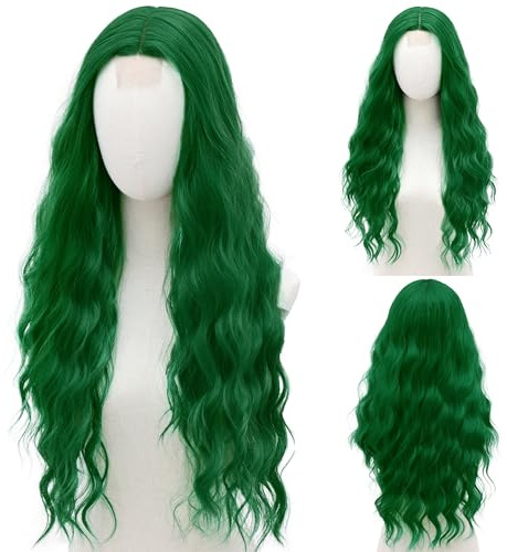 BUPPLER Parrucca sintetica lunga per cosplay, 71 cm, con riga centrale, realistica, per feste, per uso quotidiano, parrucca colorata (verde erba)