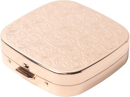Einfache quadratische tragbare Pillendose aus Metall mit Spiegel-3Fach (Gold Light, Small)