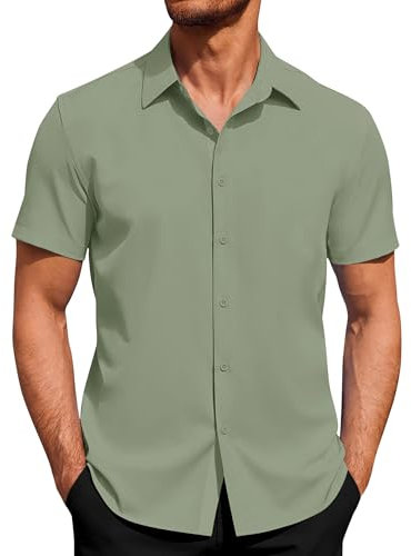 J.VER Mens Short Sleeved Shirts 4-Way Stretch Casual Shirt Regular Fit Non Iron Business Dress Summer Button Down Shirts Grey Bean Green XL