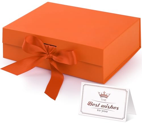 Hianjoo Boîte Cadeau avec Couvercle Magnétique et Ruban, 23x17x7cm | Coffrets cadeaux pliables pour Mariages, anniversaires, Saint-Valentin, Noël, la fête des Mères-Orangé