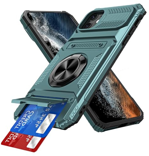 Heavy Duty Case for iPhone 8 Plus, Military Grade Protection Case with Card Slot, 360° Rotatable Ring Holder, Magnetic Car Mount Compatible, Shockproof Rugged Cover for iPhone 7 Plus. Green LM