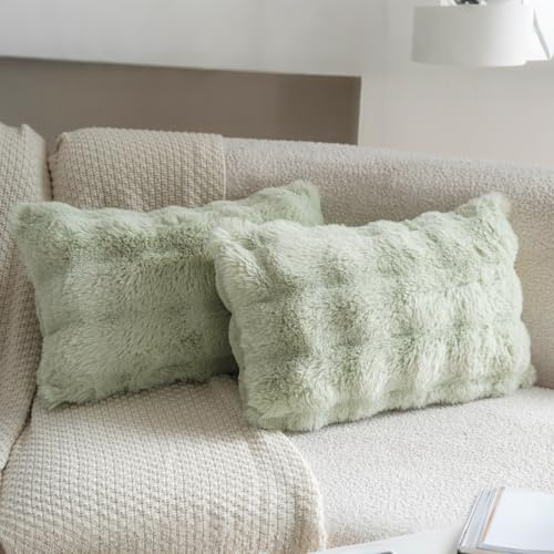 Neelvin 2er Set Decorative Kissenbezug Superweichen Plüsch Kurze Wolle Kissenhülle Luxus Zierkissenbezüge Sofakissen für Sofa Wohnzimmer Schlafzimmer 30x50cm Grüner