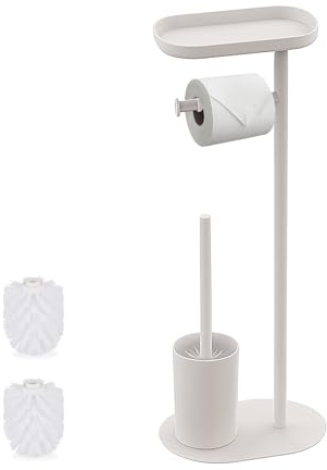 Relaxdays toilet set, HWD: 67 x 23 x 17 cm, freestanding toilet paper holder, toilet brush, shelf, 2 heads, white