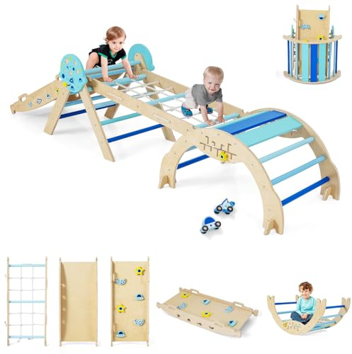 GOPLUS 9-in-1 Klettergerüst Indoor, Kletterdreieck Holz, 4er Set Kletterspielzeug mit Kletternetz, Kletterbogen, Wippe & Leiter, inkl. doppelseitige Rampe & Baustein Set, Sprossendreieck für Kinder