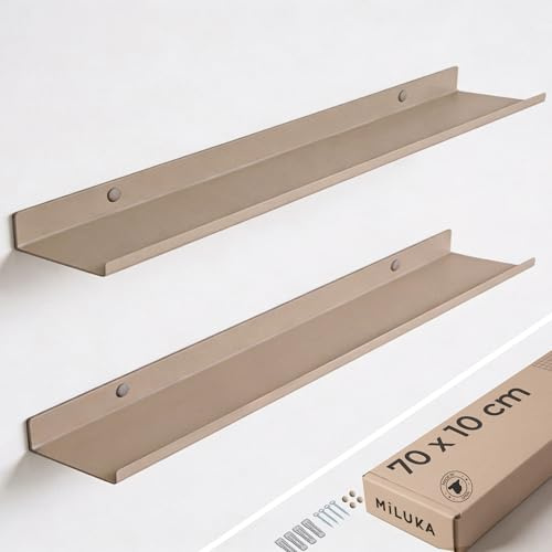 MILUKA Metal Floating Shelves Set of 2 – 70 cm Narrow Picture Ledge Wall Shelf Beige Sand with Hidden Fixings – Slim Display Shelf for Photos, Decor, Kitchen & Radiator