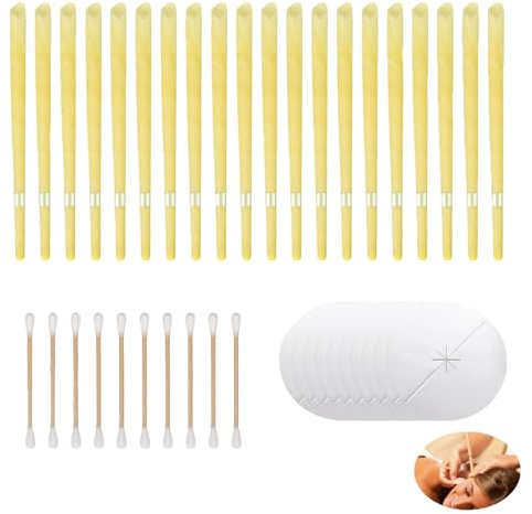 Ohrkerzen-Set, Ohrenkerzen Ohrenschmalzentfernen Hohle Kegelkerzen Ohrenschmalz-Entfernerset mit 20 Ohrenkerzen 10 Schutzscheiben und 20 Wattestäbchen zur Gesundheitsversorgung verstopfter Ohren Gelb