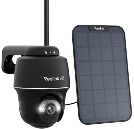Reolink 4K PT Solar-Überwachungskamera für den Außenbereich, kabellos, kompatibel mit Amazon Alexa, Argus PT Ultra Black + Solarpanel (Generalüberholt)