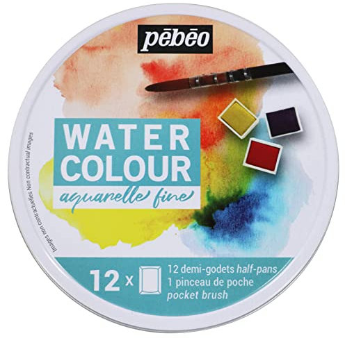Pébéo - Aquarelle Fine Boîte Ronde en Métal 12 Demi-Godets - Coffret Peinture Aquarelle Pébéo - Kit Aquarelle Palette 12 Demi-Godets