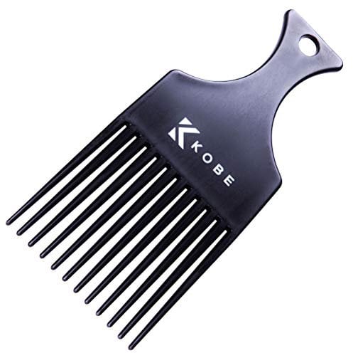 Kobe Professional Afro Pick - Durable Black Fully Plastic Parting Comb for Curly Hair - Wider Teeth for Easy Styling