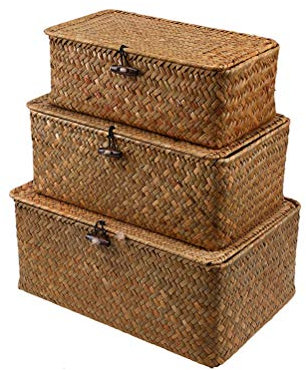 LIOOBO Panier de rangement en rotin avec couvercle, organisateur de maquillage en paille tissée, contenant polyvalent avec bouton