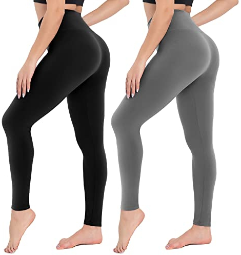 Campsnail Damen Leggings Sporthose mit Hohem Bund - Lang Yogahose Laufhose Fitnesshose Leggins Yoga Sport Leggings Tights für Damen zum Laufen, Radfahren, Fitness-2er Pack- Schwarz& Dunkelgrau-42-48