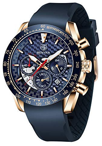 BY BENYAR - Reloj para Hombre, Impermeable, cronógrafo Luminoso, clásico, Relojes de Pulsera de Piel, Gran Esfera Fecha, analógico, para Hombre, Regalo Elegante, Azul, Rubber, Correa