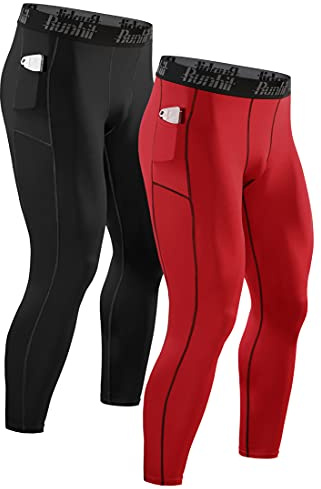Runhit Compression Pants for Men Leggings with Pocket Running Tights Workout Jogger Winter Thermal Pants for Men Base Layer Red Black 2 Pack XL