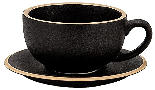 Coffeezone Vintage Design 12 oz Ceramic Latte Art Cappuccino Barista Cup with Saucer (Rough Black)