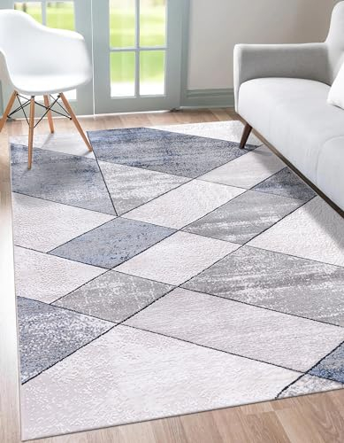 Carpetilla Designer Teppich Palmas Wohnzimmer Teppich Abstrakt Kariert Blau/Grau (80x150 cm)