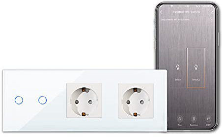 CNBINGO Smart Touch Lichtschalter mit Doppel Schuko Steckdose unterputz - WLAN Schalter Arbeit mit Alexa, Google Assistant - Wandschalter zweifach in Weiß - Ohne Neutralleiter